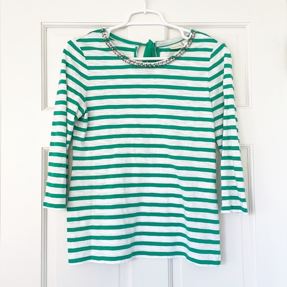 CHICO’S shirt size S (Chico’s size 0) green white striped cotton blend